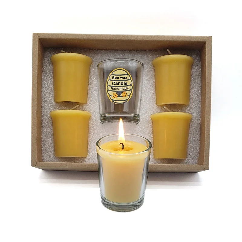 GB46-51F Wholesale Decorative Beeswax Refilled Votive Bee Wax Scented Glass Candle Gift Set