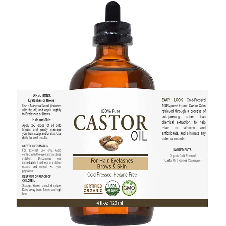 Private Label 100% Pure Cold Pressed Castor Oil Stimulate Growth for Eyelashes, Eyebrows, Hair