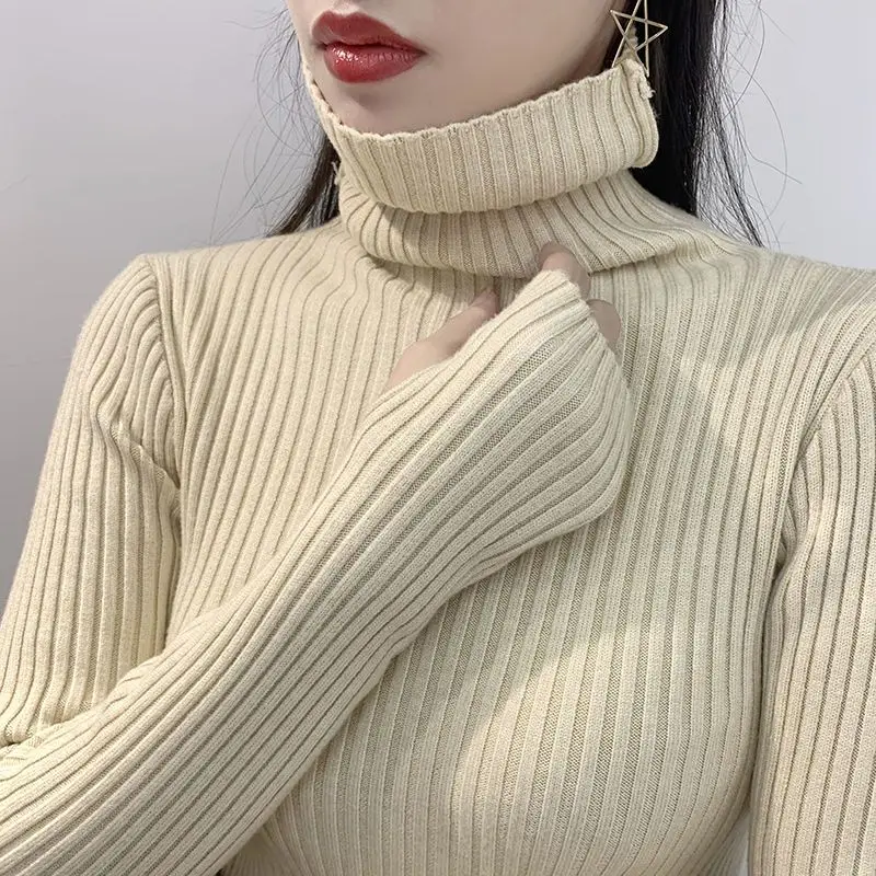 Women Sweater Winter Slim Fit Pullover Warm Jumper Thumb Hole Korean Style Turtleneck Solid Color Knitted Sweater