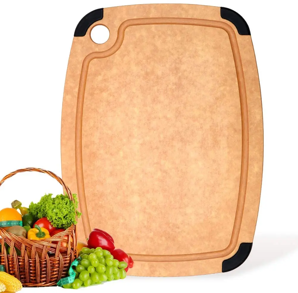 None Slip 100% Natural Wood Fiber Cutting Board with Groove and Silicone Corners for Kitchen