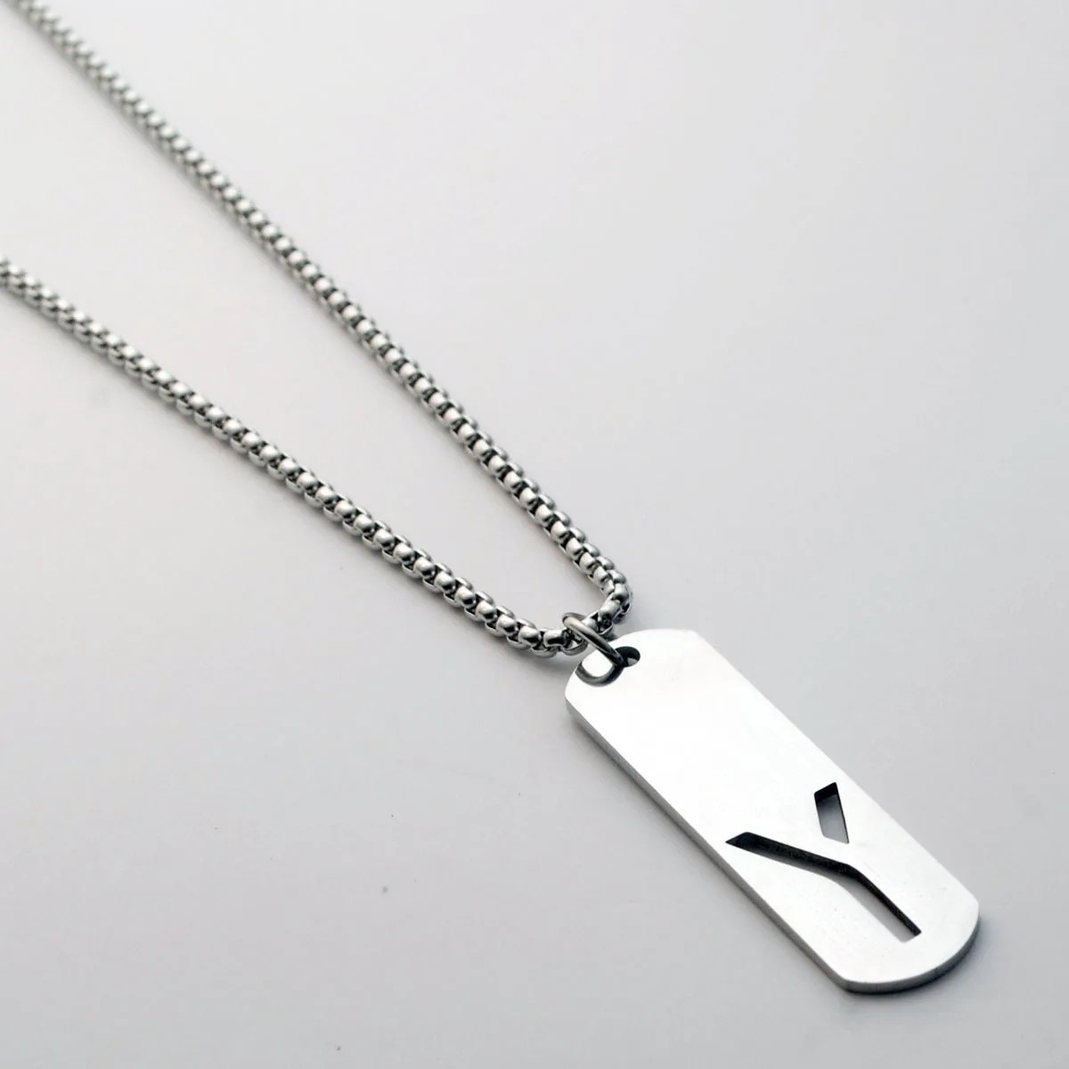 Personalized stainless steel long chain high polish laser cut hollow A-Z initial letters dog tag necklaces for men