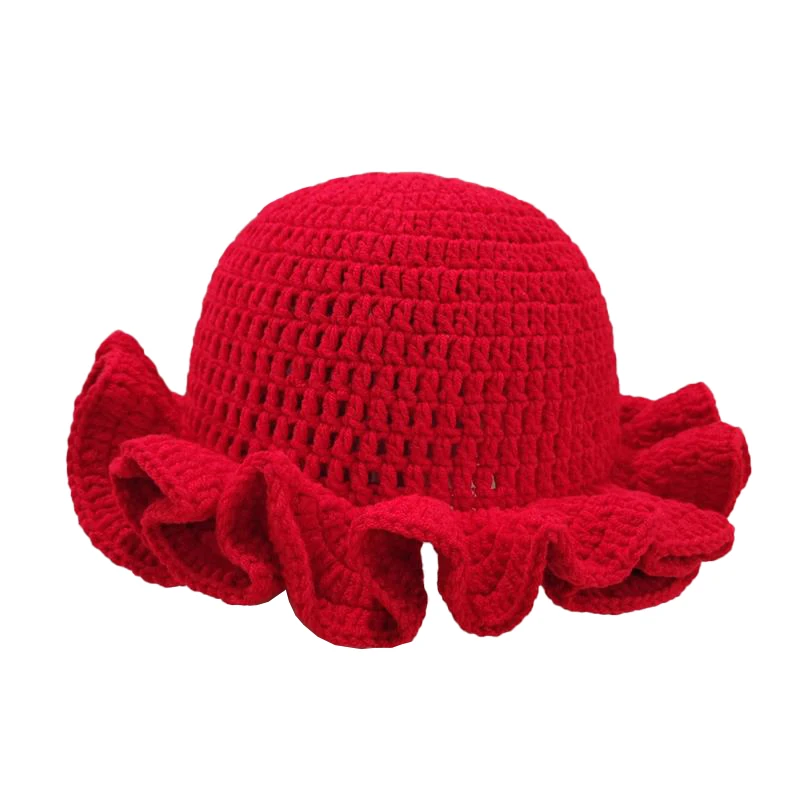 Women Handmade Cute Personality Versatile Hook Crochet Scallop Ruffle Edge Solid Colors Knit Bucket Hat