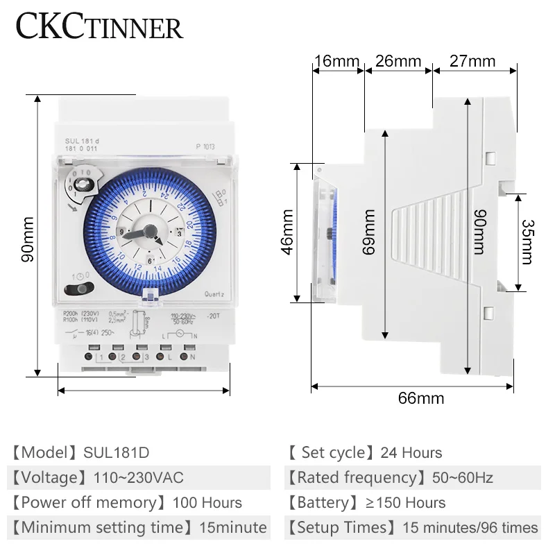 SUL181D Din Rail Mechanical Timer 24 Hour Time Switch Relay Electrical Programmable Timer Switch AC220V