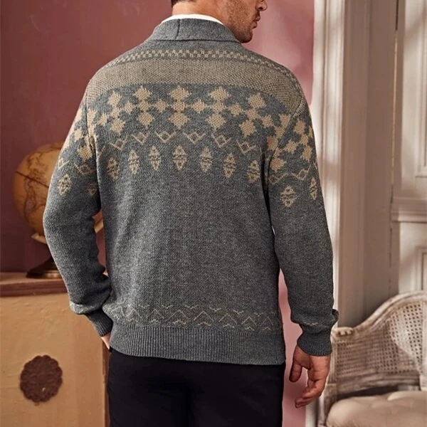 
Jacquard Knitwear Winter Knitted Striped Custom Mens Shawl Collar Cardigan Sweater 