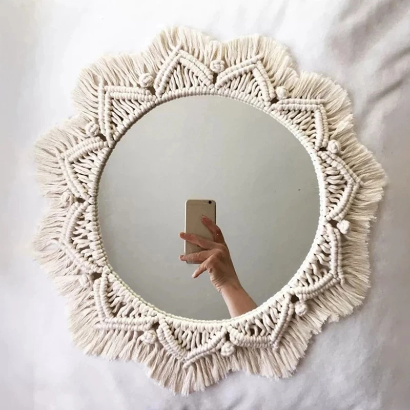 Artilady Macrame Decorative Wall Mirrors Round Mirror For Home Room Decor Makeup Aesthetic Apartment Living Room Bedroom Gift