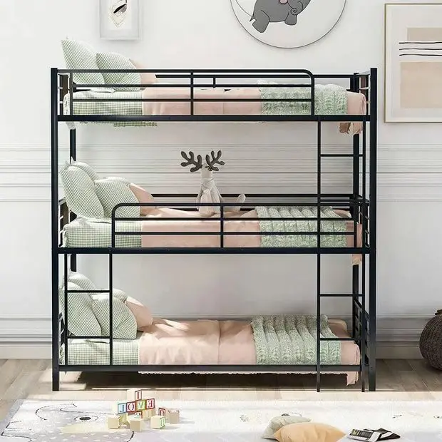 Metal Triple Bed Twin Over Twin Over Twin, Frame with Long and Short Ladder for 3, Strong Bunk Beds for Kids and Adult