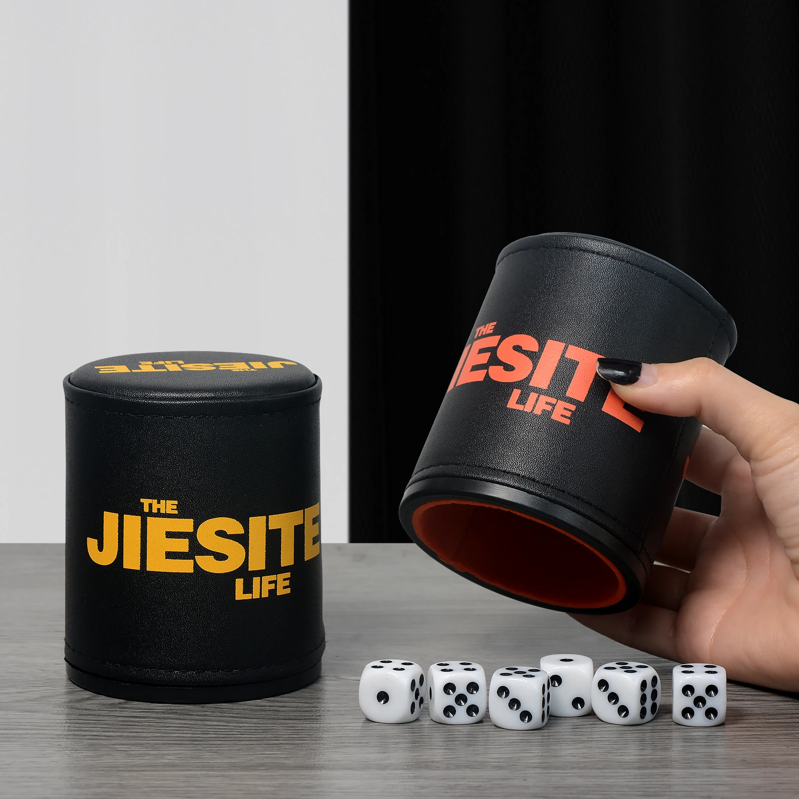 Felt Lined Quiet Dice Cup Set with 6 Acrylic Dices Multi Color Leather Dice Cup for Board Games