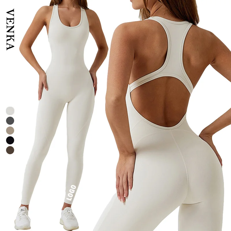Oem Sportswear One Piece Full Length Pants Elastic Seamless U-Neck Crossed Back No Sleeve Bra Trouser Romper Jumpsuit For Women