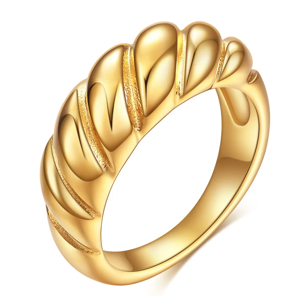  18K Gold Plated Stainless Steel Braided Twisted Rope Signet Chunky Dome Ring Stacking Band for Women Jewelry