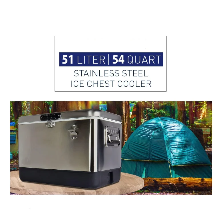 Stainless Steel 54l Large outdoor Metal Cooler Ice Box Coolers Portable Outdoor retro cooler Box For Picnic