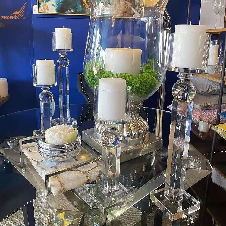 Wholesale home decorations glass candlestick single head K9 crystal tealight table pillar candle holder set of 2