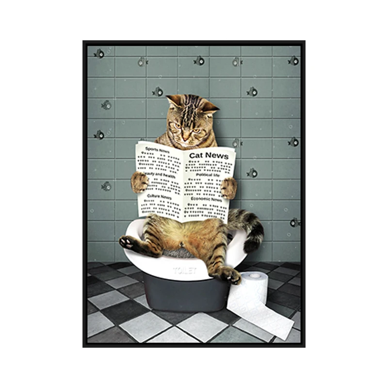 Creative Arts Funny Animal Painting Wall Decor Canvas Art Cute Cat Reading Newspaper on Toilet Painting Framed Prints Pictures