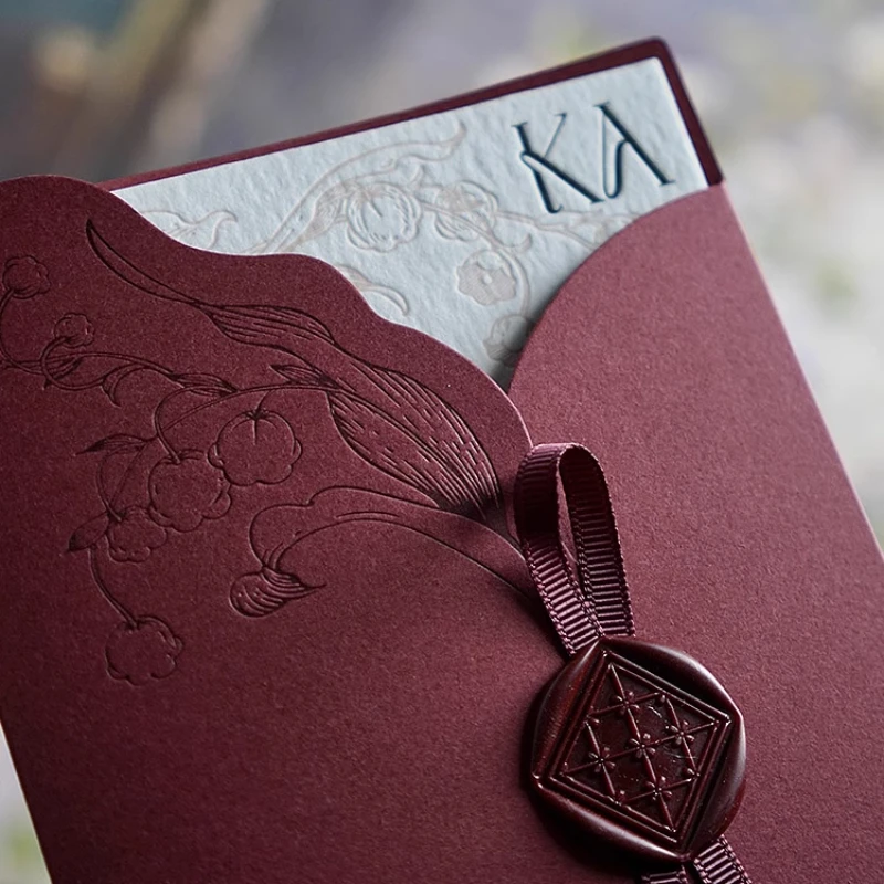 French Wedding Invitation Customized Engraved Cards with Bellflower Design for Invitation Letter