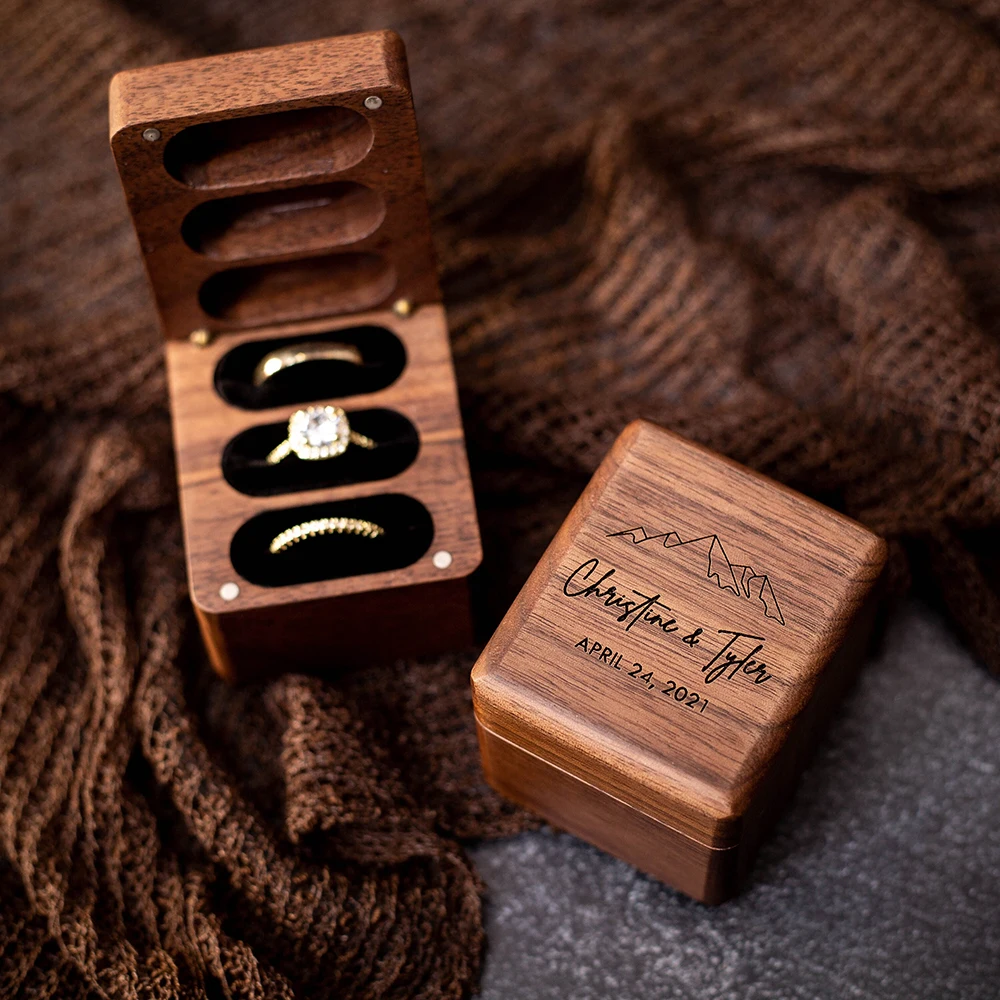 Triple Flip Wood Ring Bearer Box Engraved Wedding Ceremony Engagement Ring Storage Holds 3 Rings Jewelry Boxes