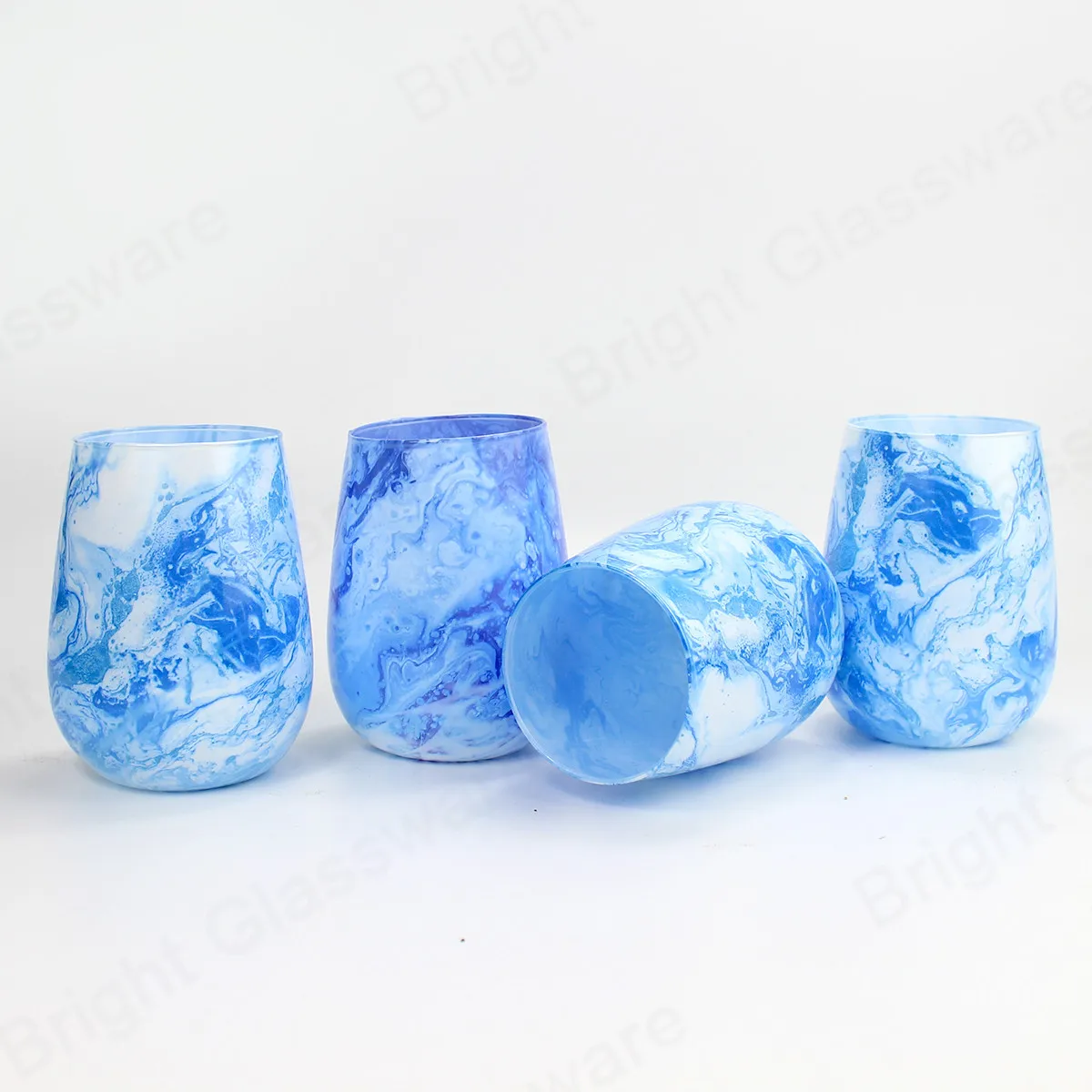 Premier Artistical Blue Wine Cup Shape Candle Jar Water Transfer Printing Candle Holder for Luxury Candle