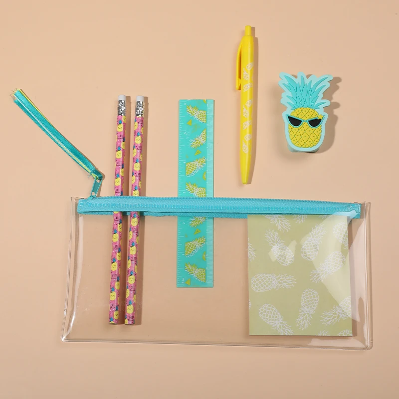 School Sticky Notes PVC Pencil Sharpener Case Plastic Ballpoint Pen Stationery Set