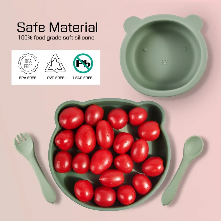 Phthalate Free Cartoon Dinnerware Set Animal Silica Gel Baby Spoon Fork Suction Bowl Plate Silicone Feeing Set With Lids Cover