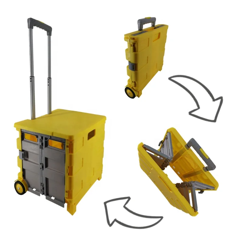 Wholesale cheap foldable hand luggage cart carritos de compras seat 2 wheels plastic folding shopping cart trolley