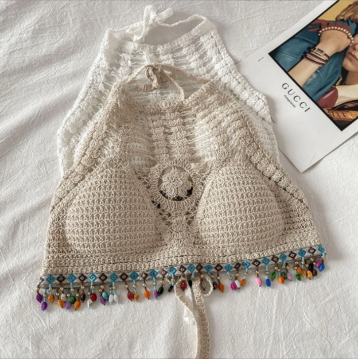 Hollow halter neck halter top for women 2024 summer design niche outer wear with breast pad hot girl tassel beautiful back vest