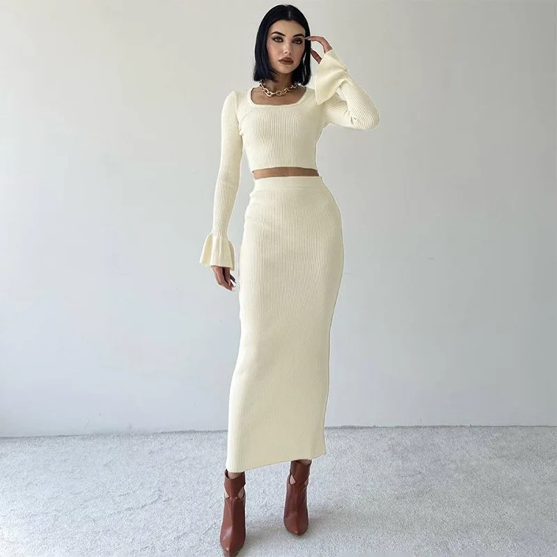 Women Clothing Long Sleeve Autumn Sexy Midi Dress Bodycon Two Piece Set
