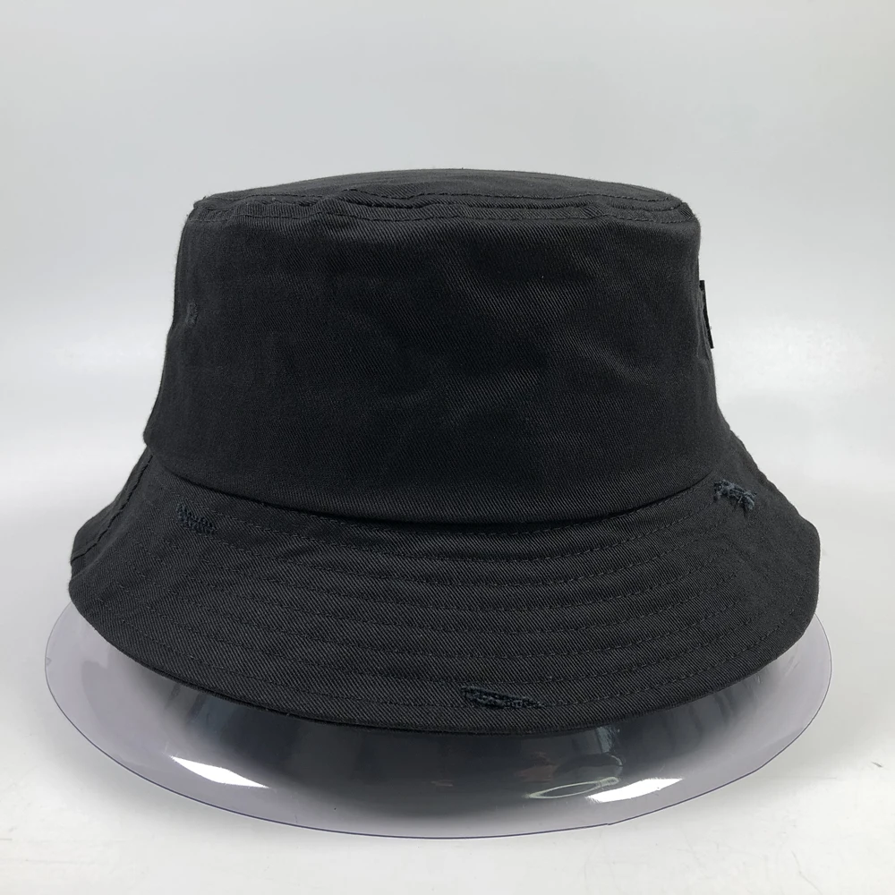 Custom distressed bucket hats with woven tags High quality classic black blank boonie Unisex casual cotton bucket hats rips