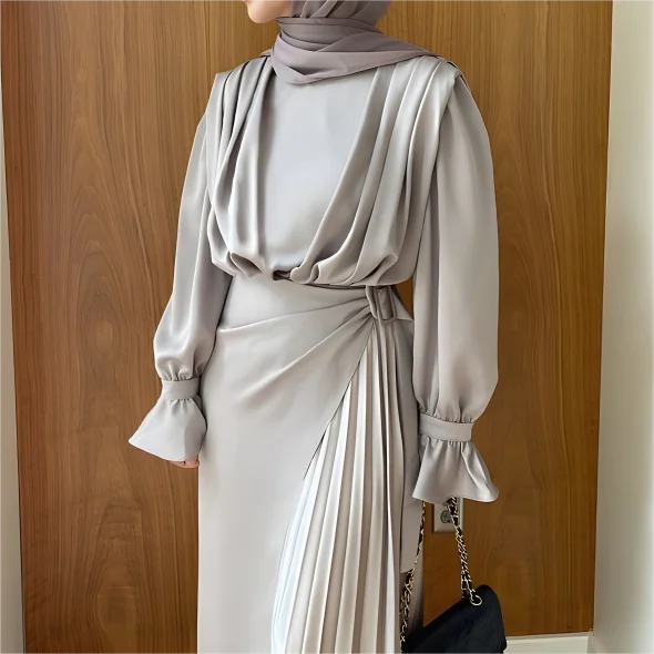 Two Pieces Sets Satin Abaya 2024 Modest Dress Slim Set Jilbab Muslim Clothing for Women