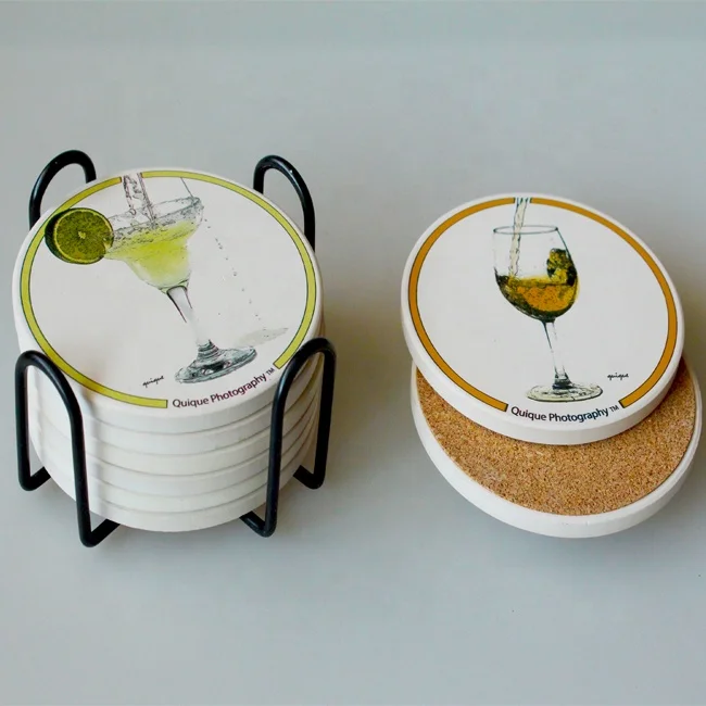 
Hot sale custom Design Water Absorbent Stone with Metal Holder Drink Mat Coaster 6pcs Set 