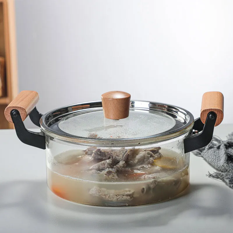 Жаростойкая кастрюля shabu из открытого огня стеклянная для супа боросиликатного стекла с деревянной ручкой оптовая