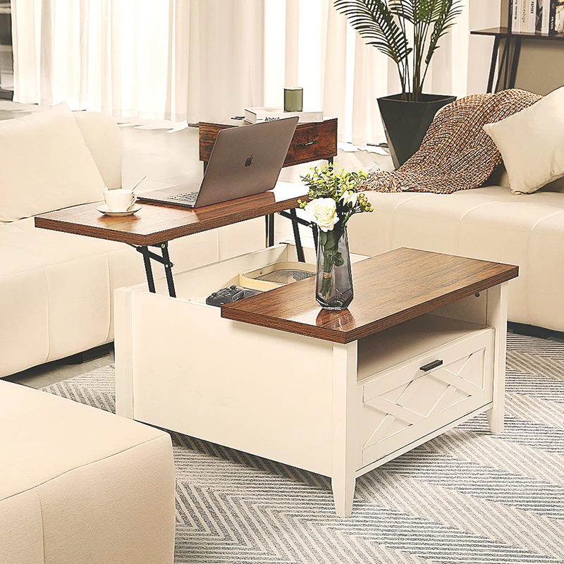 MDF walnut beige sofa multifunctional lift top adjustable height tea coffee table with hidden storage