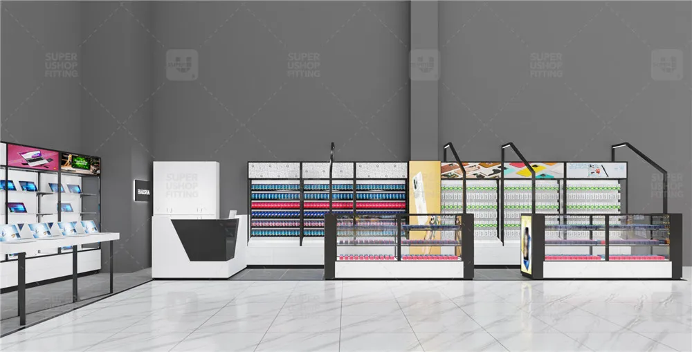 Modern Laptop Shop Display Cabinet Furniture Design Custom Glass Computer Store Wall Shelves for Headphone Retail