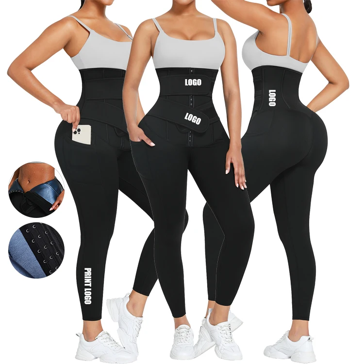 Custom Logo 2 In 1 Compression Neoprene Waist Trainer Belt Yoga Pants Tummy Control Waist Trainer Leggings Pants