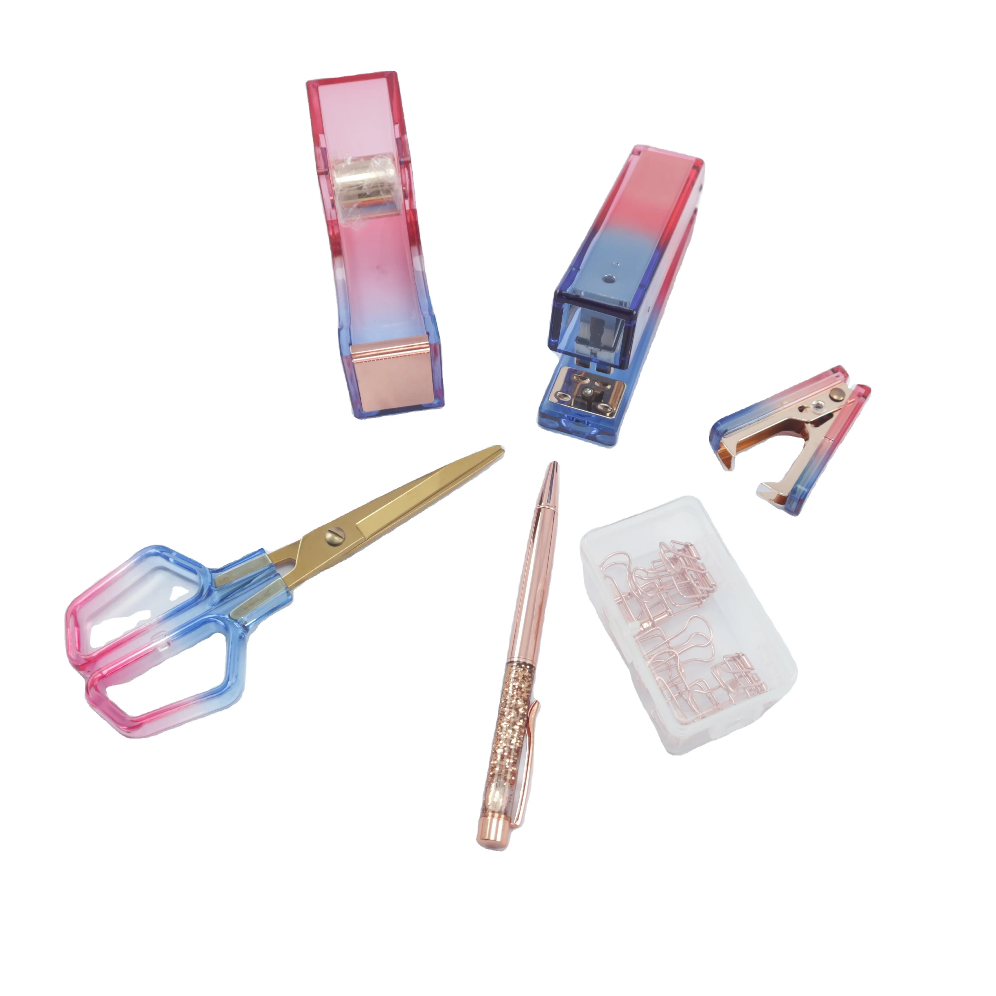 6 in 1 Stationary Set Acrylic Product Plastic Stapler Scissor Pen Holder Tape Dispenser Set for office home School desktop