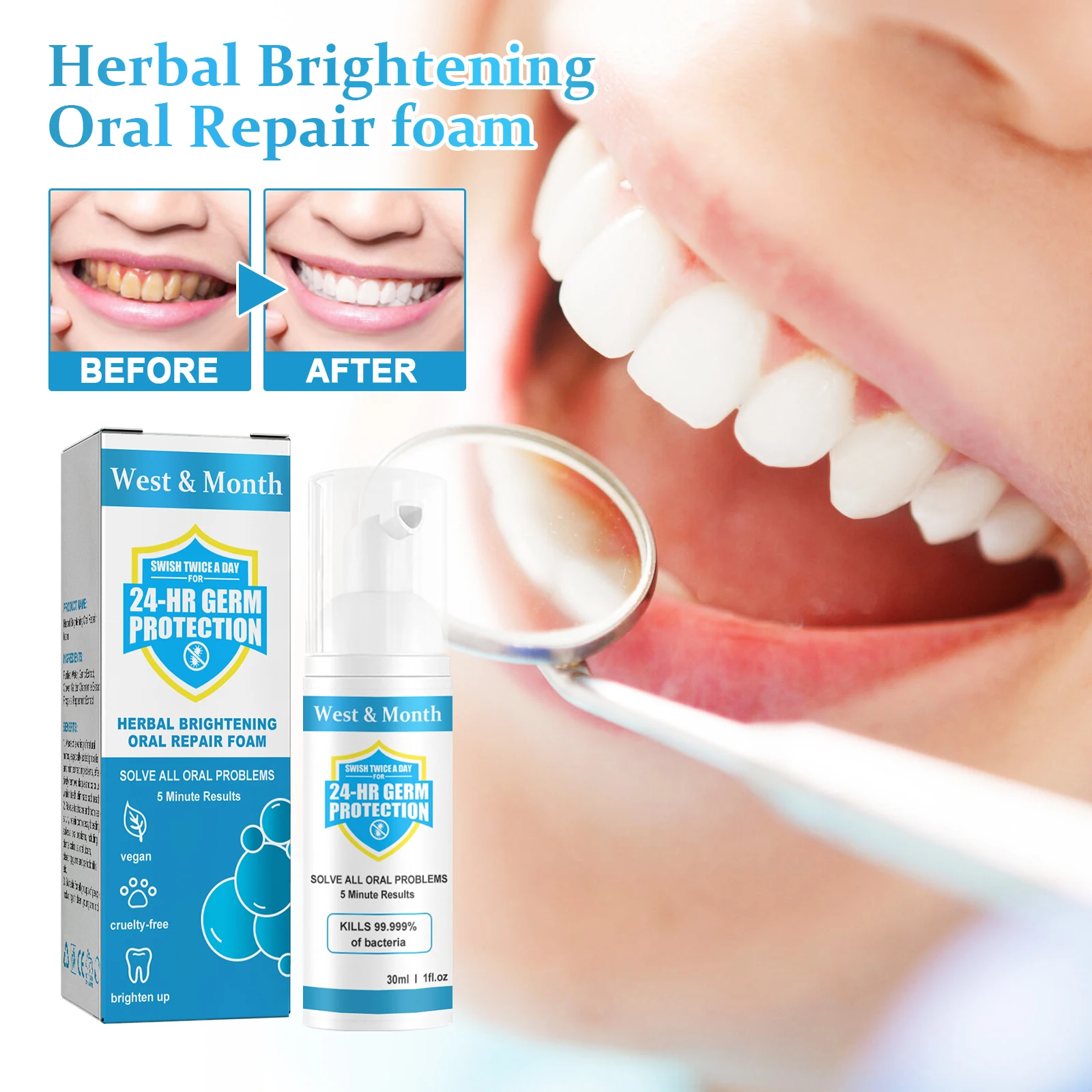 West&Mouth Herbal Brightening Oral Repair Foam Toothpaste Natural Herbal Plant Fresh Breath Oral Mousse Toothpaste