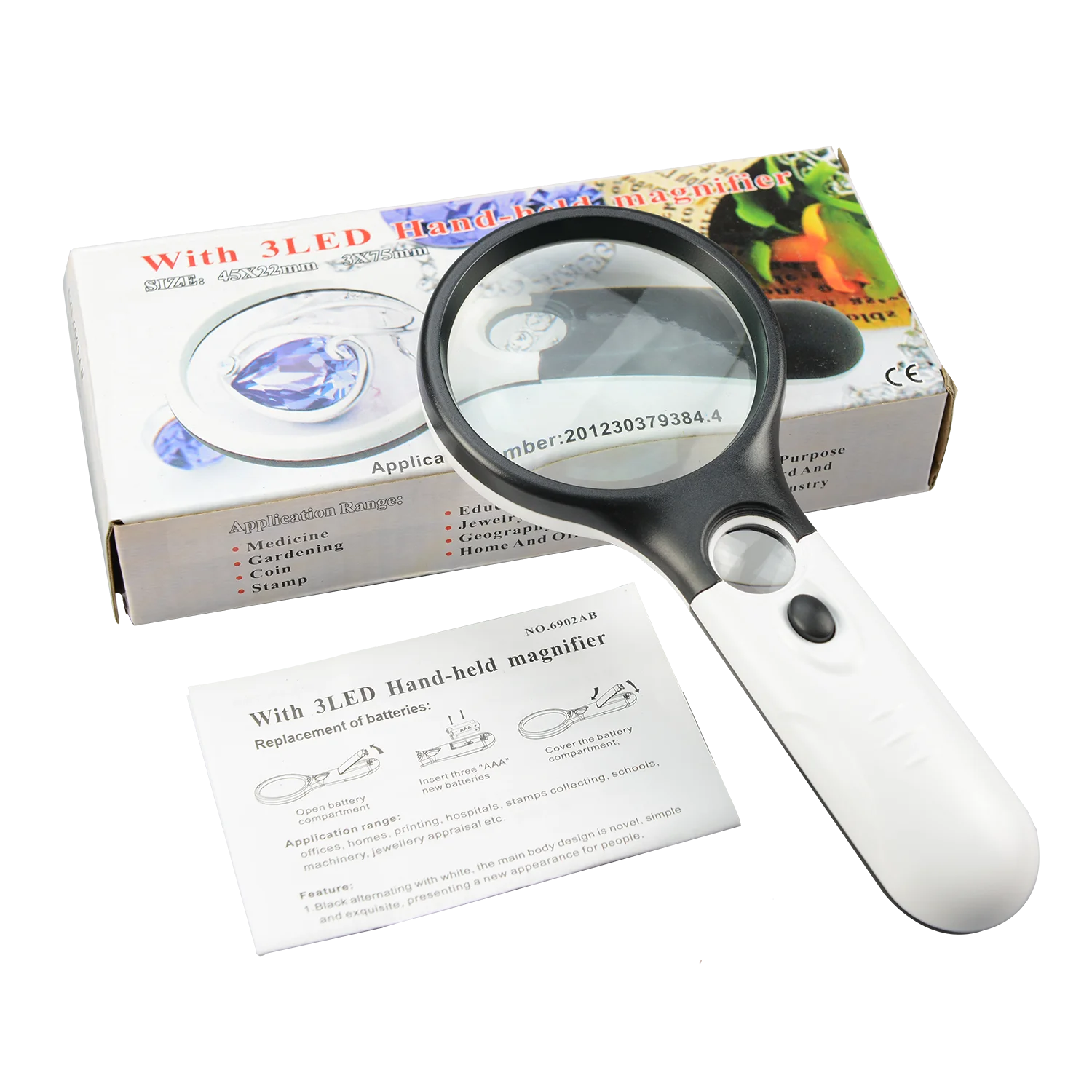 NO.6902B 3 LED Light 3X 45X Handheld Reading Magnifying Glass