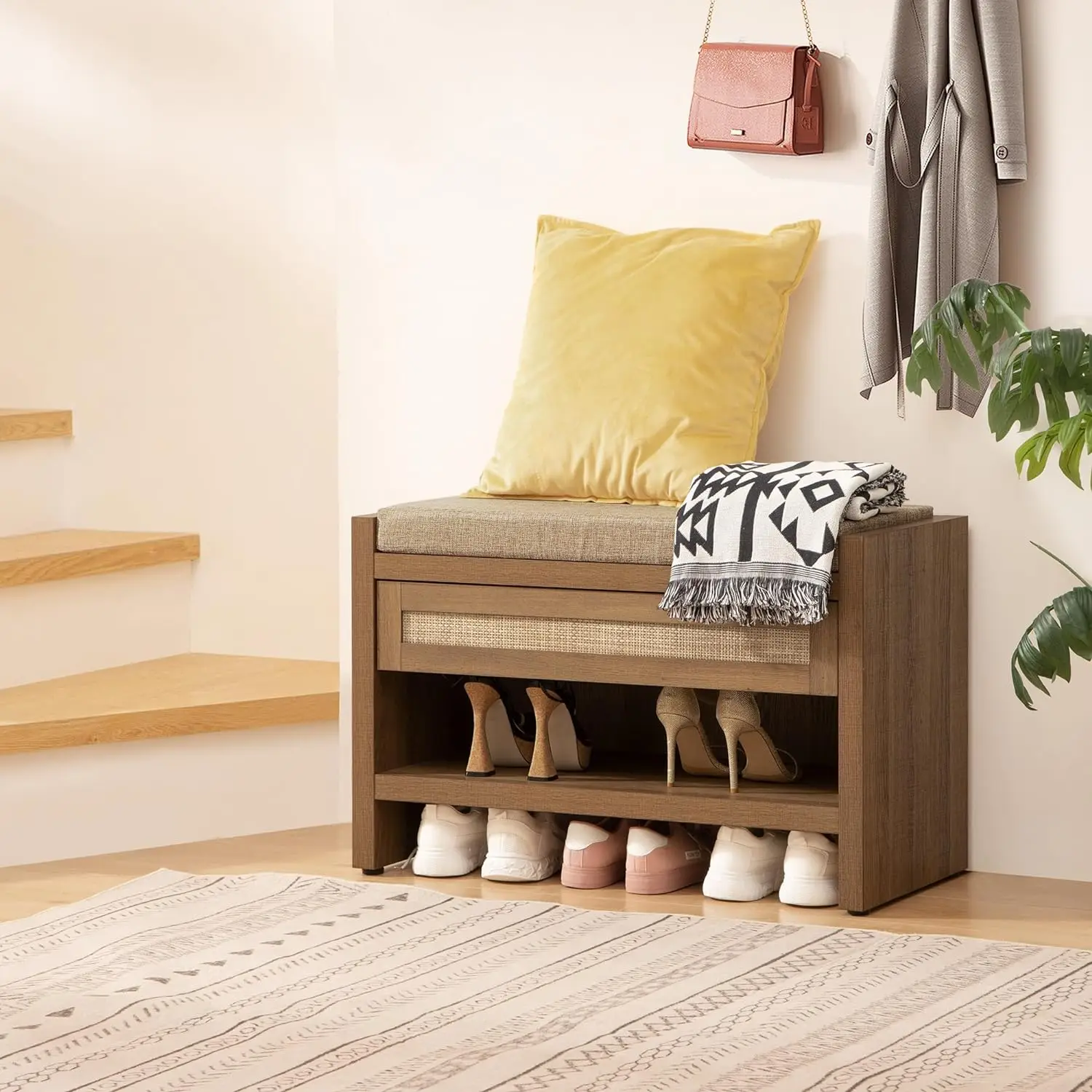 Natural Oak Farmhouse Bohemian Shoe Rack Bench Storage Drawers Rattan Linen Cushions Decorative Storage Stools Hallway Bedroom