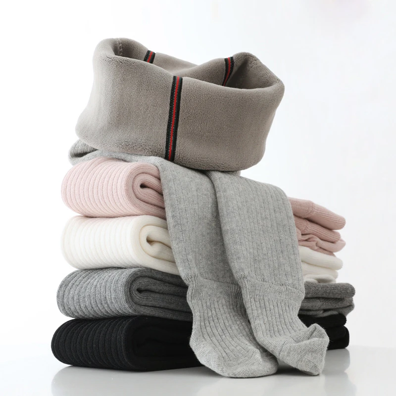 Sherpa fleece plush lining warm seamless leggings with feet ribbed cable knitting 0-8 years baby kids winter thick tights