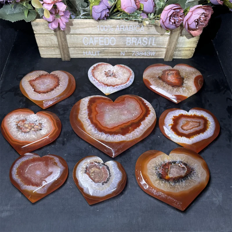 Wholesale Red Agate Gem Stone Hand Carved Polished Carnelian Druzy Geode Heart For Ornament