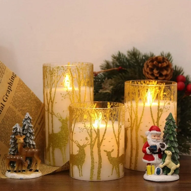 Battery Operated Fashionable Deer Sticker Plastic Cup Cylindrical Flameless LED Electronic Flashing Paraffin Wax Candle