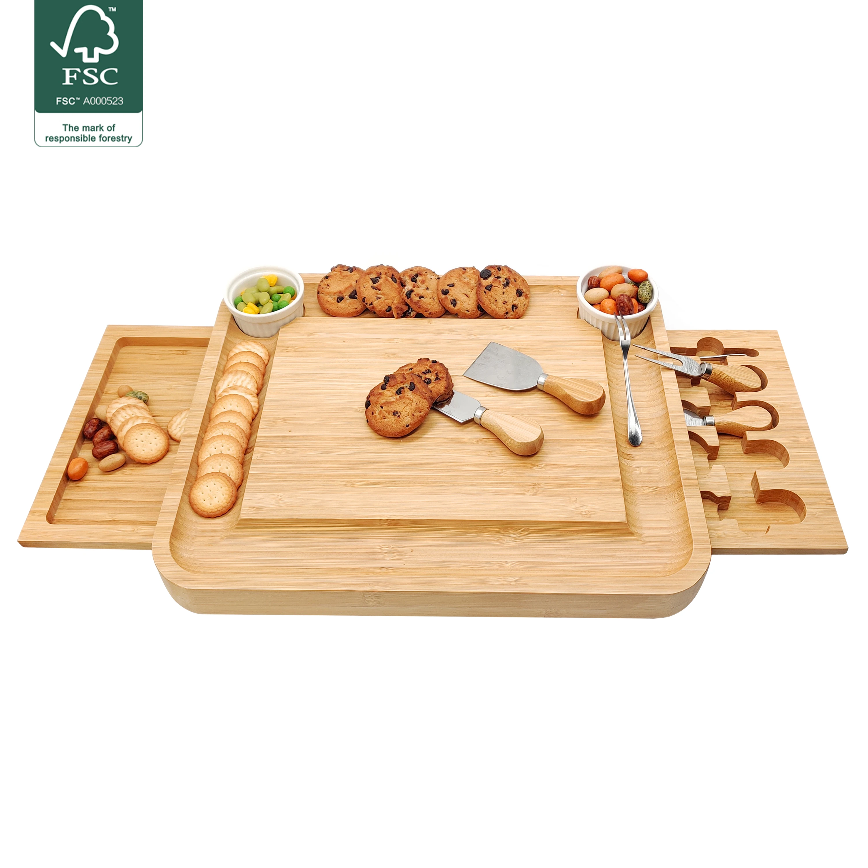 Eco-friendly  chopping block  with Fruit tray  bamboo cheese board and knife set