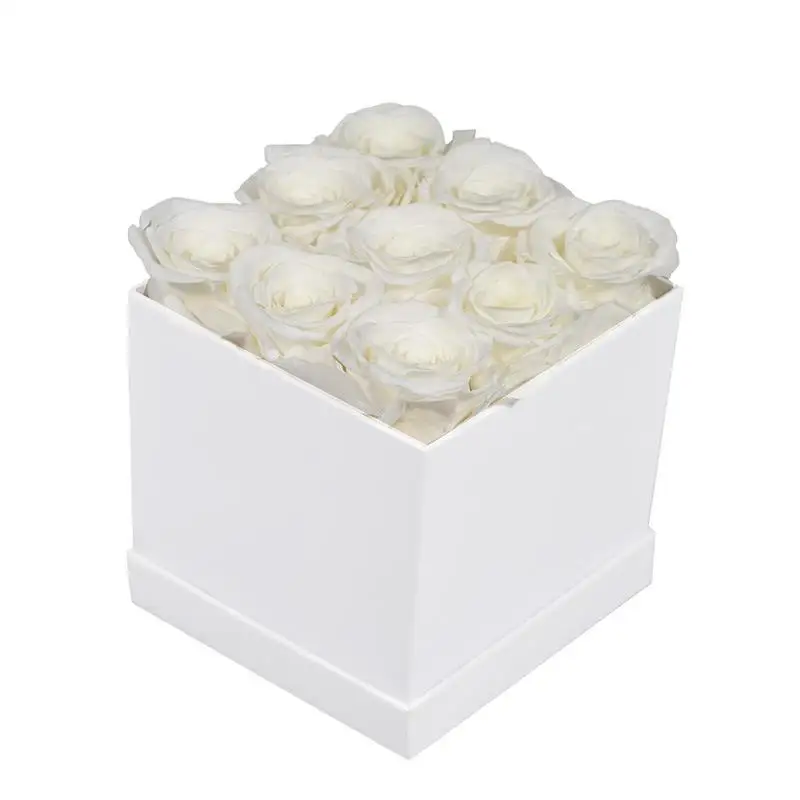High Quality Square Hug Bucket Natural 9-heads Preserved Rose Flower Box for Christmas Gift for Girl Friend or Mom