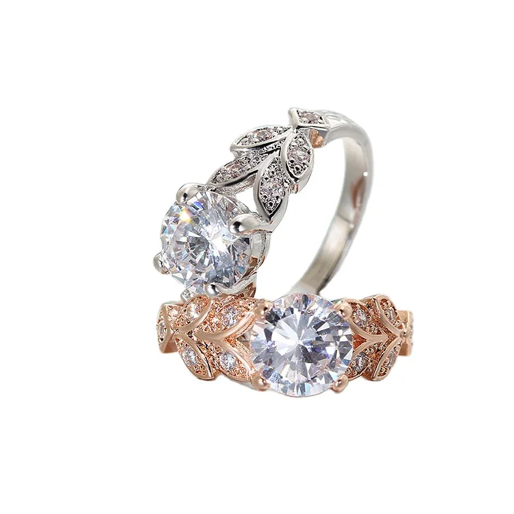 
 1CT блеск циркониевое цветочное женское кольцо, гетры с рисунком листьев, розовое золото медь дамское кольцо  