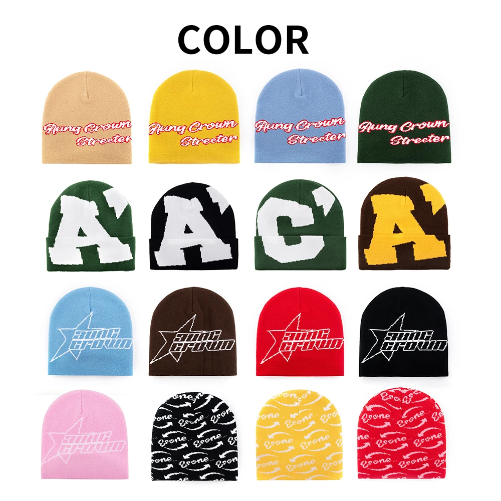 Custom Winter Knitted Hat Logo Printed Jacquard Beanies All Over Logo Knitted Jacquard Winter Skull Beanies