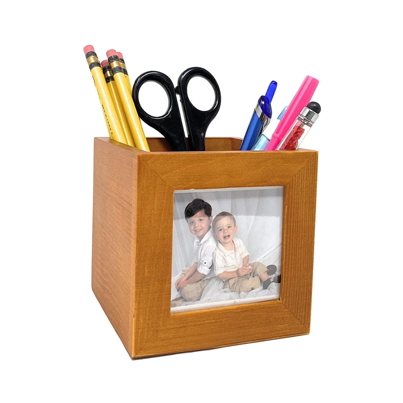 wholesale Photo Frame wood Pencil Cup children wooden pen holder stand Desktop Storage Pen Holder