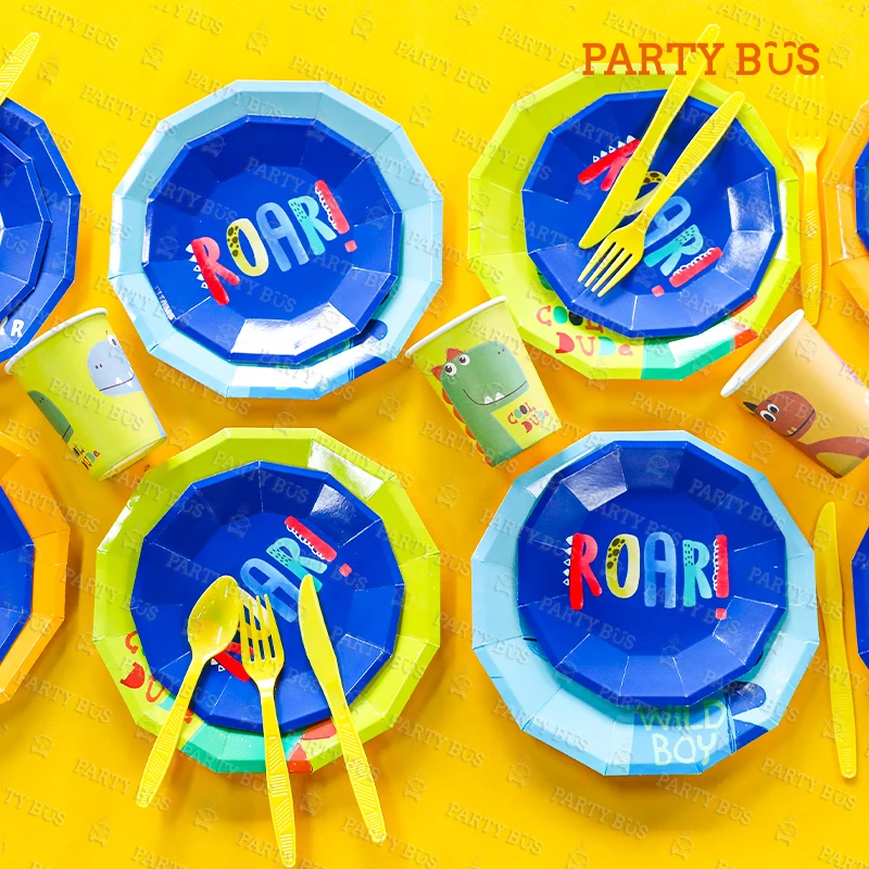 PARTYBUS 2021, оптовая продажа, товары для дня рождения с динозавром, одноразовые Мультяшные бумажные тарелки, чашки, наборы посуды для вечеринки для детей
