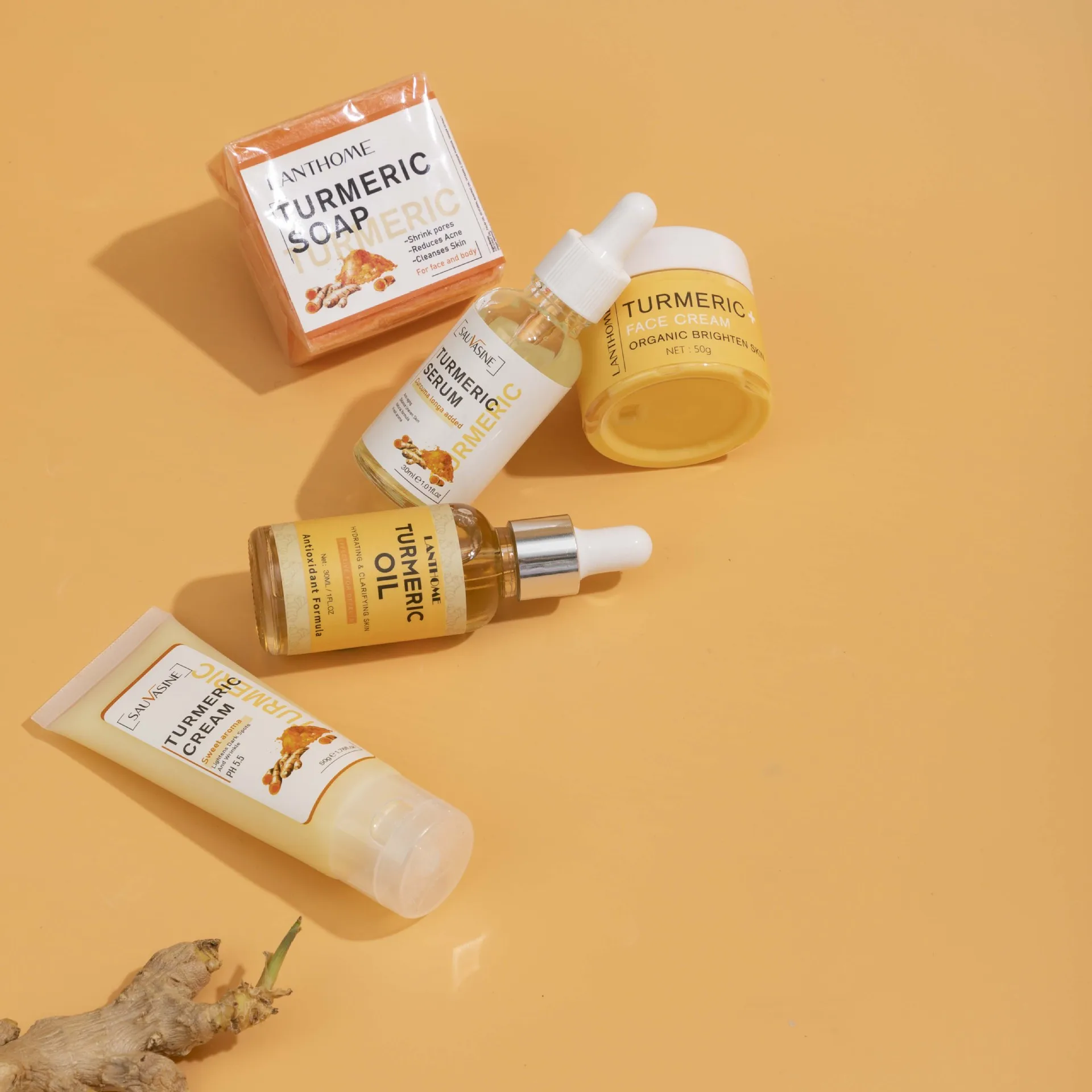 Turmeric series skin care 5-piece set  Cream Serum Cleanser Soap cleanser  Facial treatment Refreshing skin