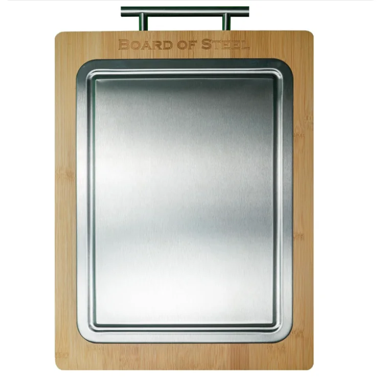 Stainless steel double-sided cutting board, bamboo kitchen fruit, vegetable, meat cutting board, large cutting board with handle