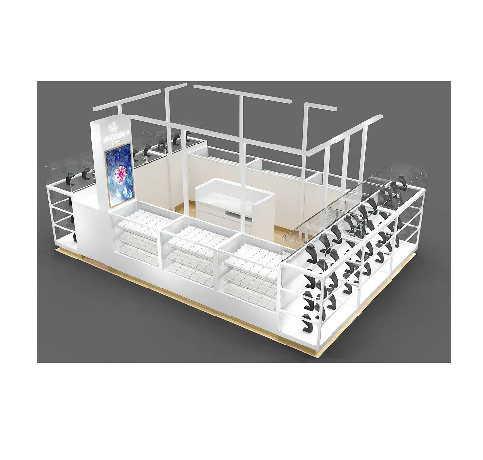 Горячий белый роскошный стеклянный ювелирный магазин ювелирные изделия ожерелье и кольцо дисплей мебель киоски для торгового центра киоск