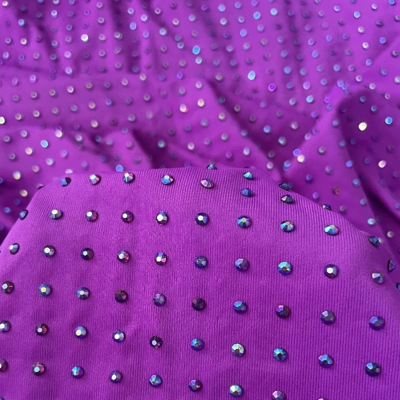 Luxurious 1.5 Meter Bling Purple Crystal Gem Hot Fix Rhinestone Spandex Dress Decorative Fabric