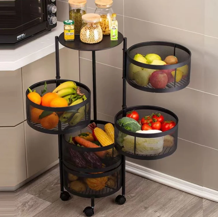 Carbon Steel round Rotatable fruit basket Kitchen Storage with Wheel  Holders & Racks