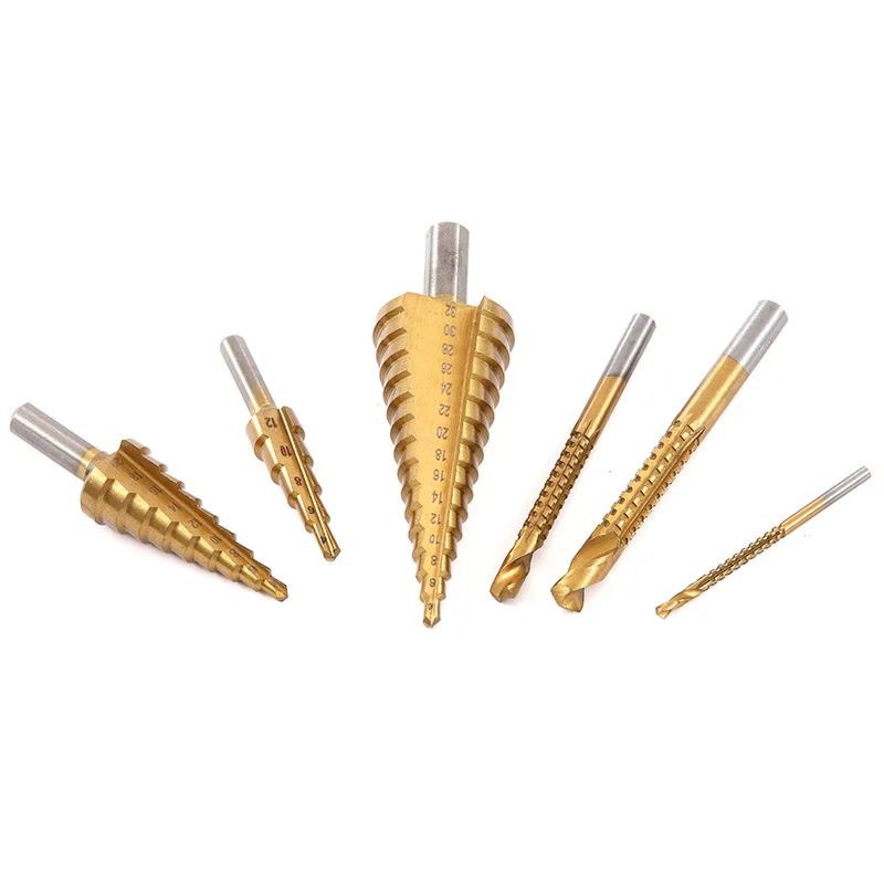 6-Pcs Titanium-Plated Cone Drill Bit countersink and Serrated Drill Bits Woodworking Tools for Hole Opener Professional Set